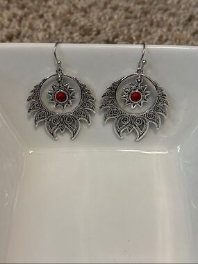 Ornate Silver-Tone Filigree Earrings with Red Accent